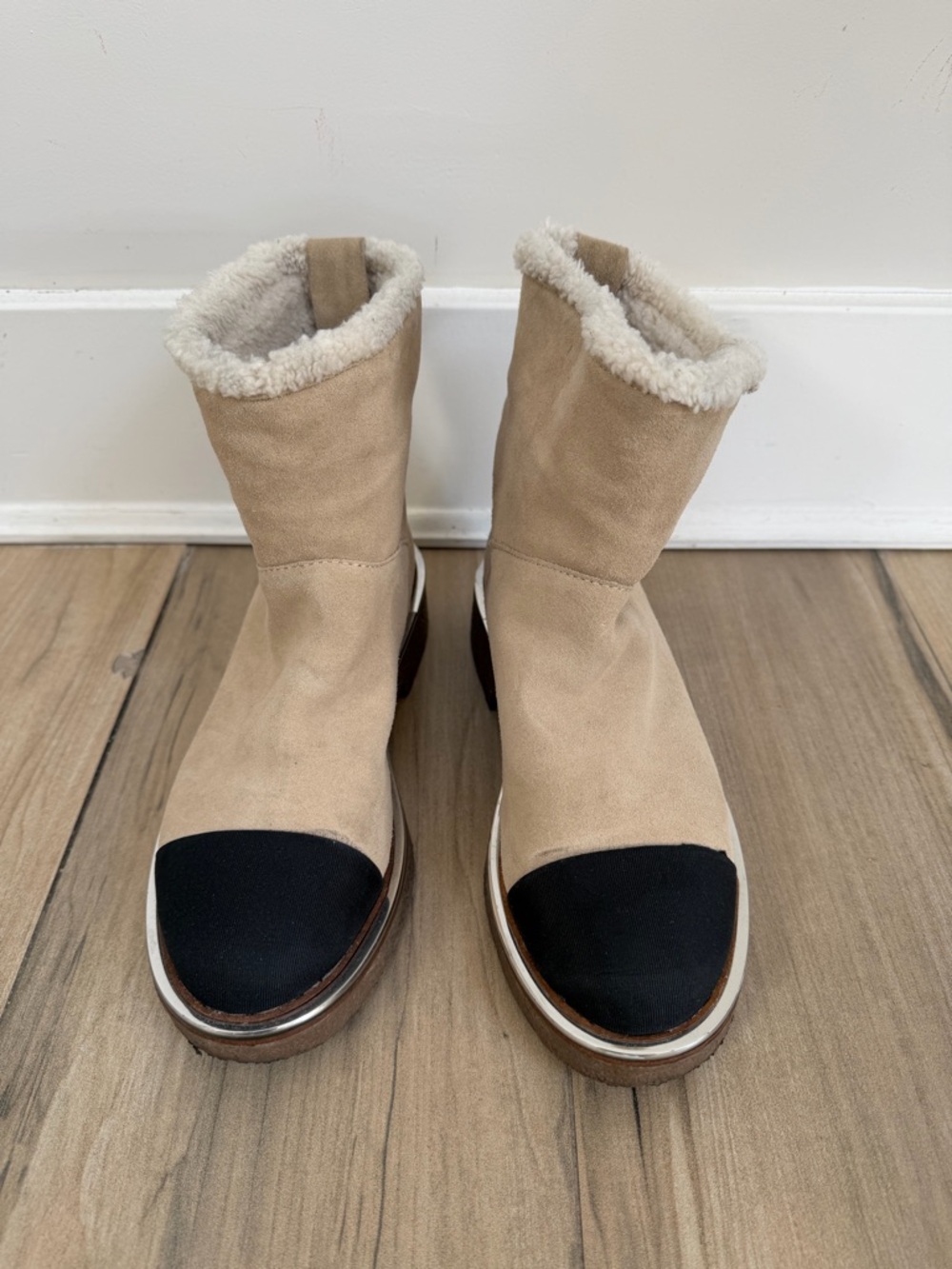 DKNY Beige Suede Shearling-Lined Women's Boot with Black Toe